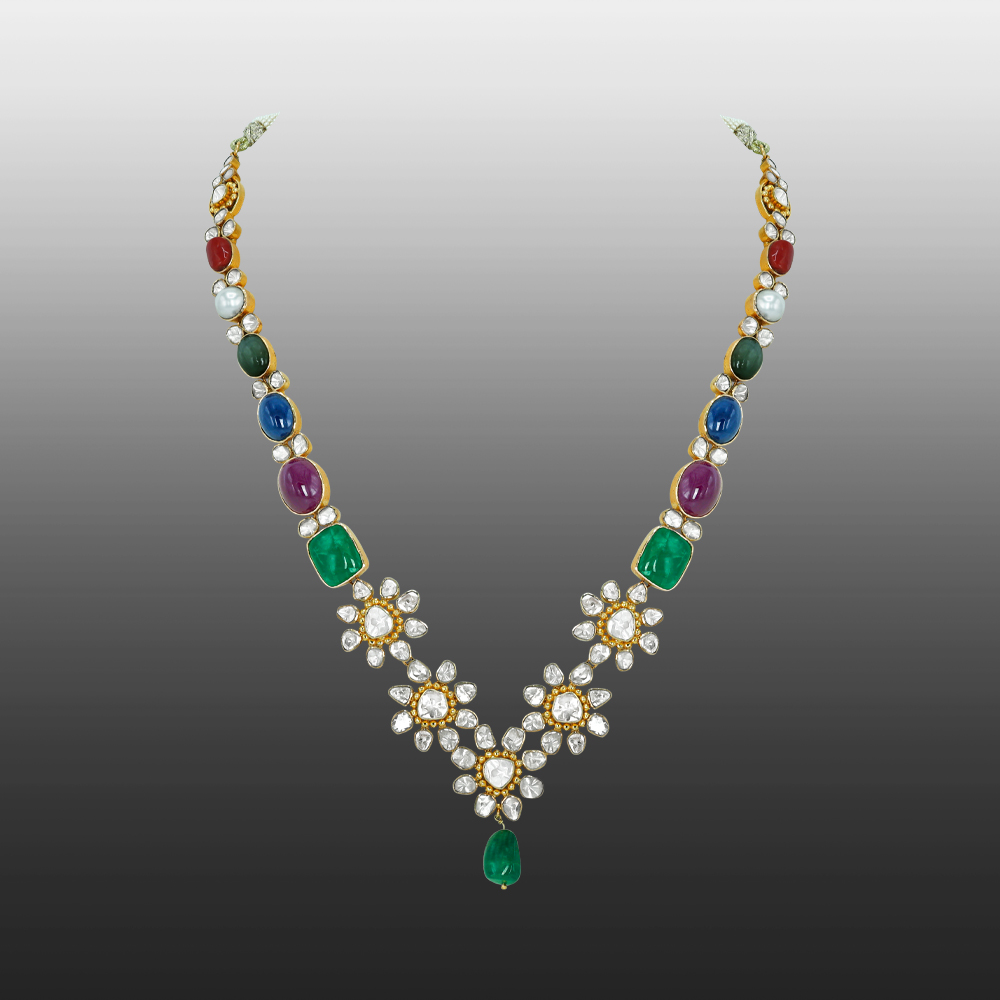 Navaratan Floral Necklace with Polkis, Emeralds, Rubies, and Pearls